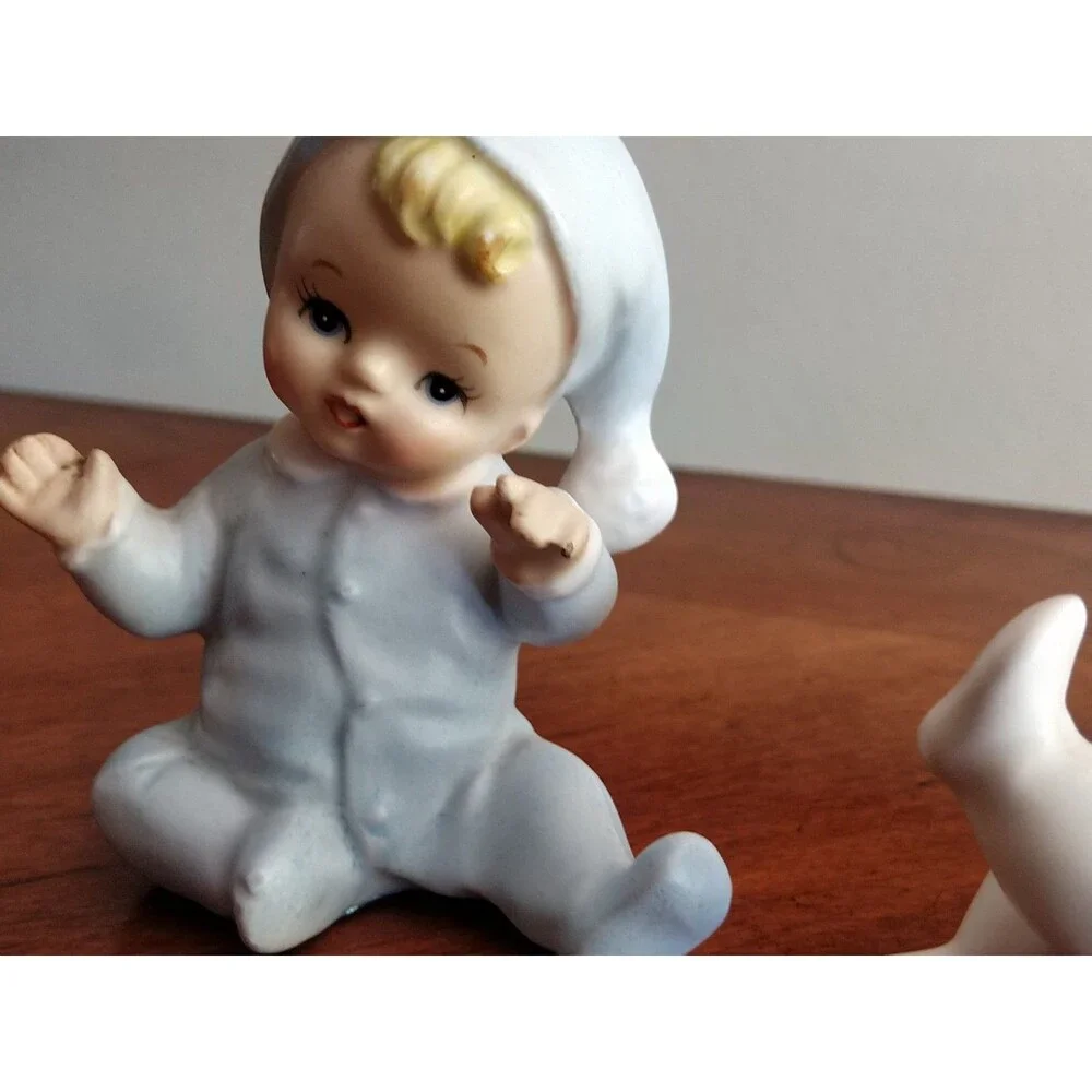 Vintage Figurines Japan Lot Of 2 Pajama Baby Pixie Norcrest 1950s 60s Blue Wht